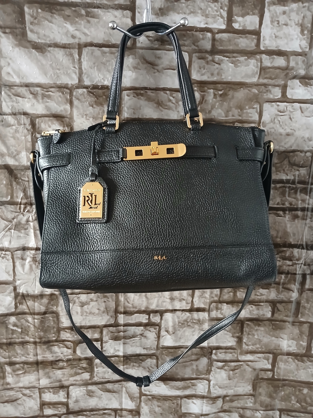 Ralph Lauren Black Pebbled Leather Satchel with Gold Hardware